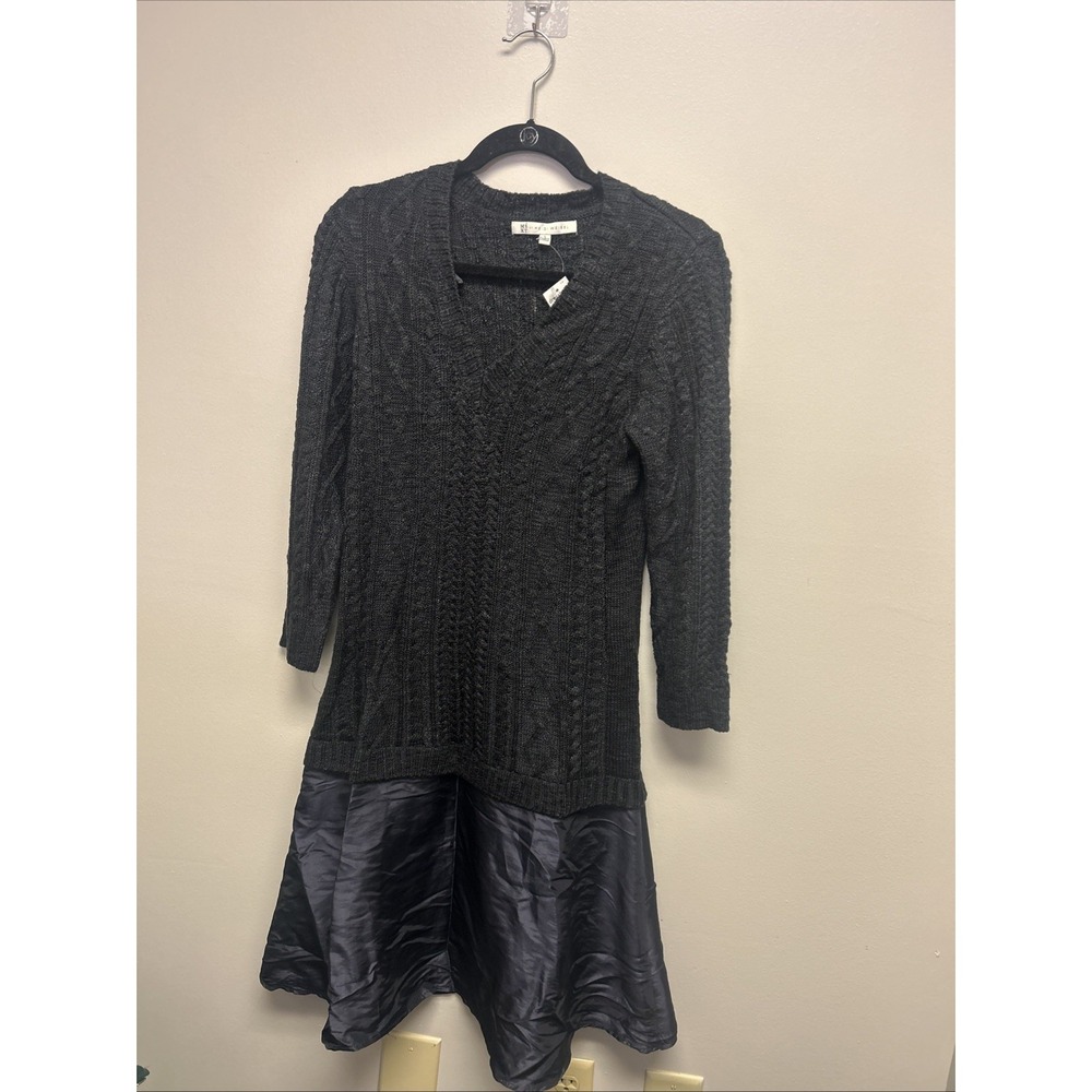 Heidi Weisel Sweater Dress Womens Large Black Cable Knit & Satin‎ Trim